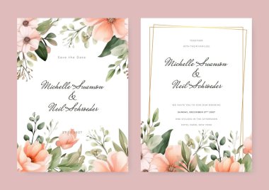 Yapraklı tasarım. Pankart, el ilanı, poster ve selamlama için çiçek desenleri. Yapraklı suluboya düğün ve altın geometrik çerçeve.