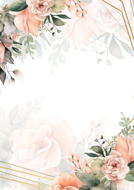 Renkli renkli çiçek vektörü güzel altın çiçek çizgileri düğün kartı şablonunda suluboya