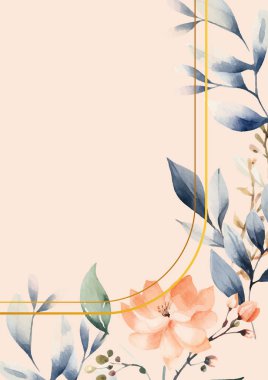 Renkli renkli çiçek vektörü güzel altın çiçek çizgileri düğün kartı şablonunda suluboya