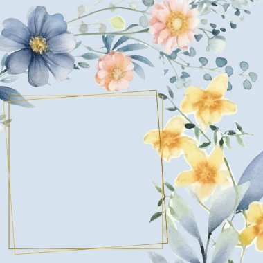 Renkli çiçek vektörü düğün davetiyesi şablonunu suluboya bırakıyor