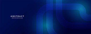 Parlak geometrik çizgileri olan koyu mavi soyut bir zemin. Modern parlak mavi köşegen yuvarlak çizgiler. Gelecekçi teknoloji konsepti. Kapak, poster, sunum, afiş, web sitesi