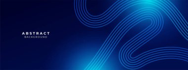 Parlak geometrik çizgileri olan koyu mavi soyut bir zemin. Modern parlak mavi köşegen yuvarlak çizgiler. Gelecekçi teknoloji konsepti. Kapak, poster, sunum, afiş, web sitesi