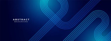 Koyu mavi arkaplanda soyut mavi parlayan geometrik çizgiler. Modern parlak mavi altıgen çizgileri deseni. Geometrik çizgili sanat tasarımı. Teknoloji fütüristik konsepti. Vektör illüstrasyonu