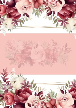 Renkli renkli çiçek vektörü güzel altın çiçek çizgileri düğün kartı şablonunda suluboya