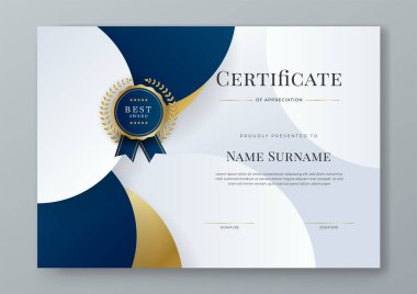 Şirket lüksü ve modern şablonun mavi beyaz ve altın sertifikası. Kurumsal başarı, diploma, ödül, mezuniyet, tamamlanma, takdir, takdir, tanınma vesaire için