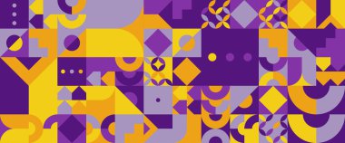 Sarı turuncu ve mor menekşe vektör soyut mozaik geometrik tasarımlı pankartlar. Pankart, arkaplan, iş veya teknoloji sunumu, web broşürü kapağı düzeni, duvar kağıdı için