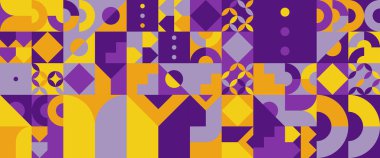 Basit şekilli sarı turuncu ve mor menekşe soyut geometrik mozaik pankart tasarımı. Sunum için arkaplan, afiş, arkaplan, poster, sertifika, yıllık rapor, kapak