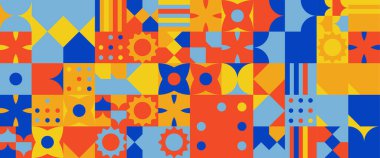 Renkli vektör çizimi geometrik minimal mozaik mozaik. Basit daire şekilleri, modern sancak vektör tasarımı. Web tasarımı, iş sunumu, web sayfası başlığı, davet arkaplanı