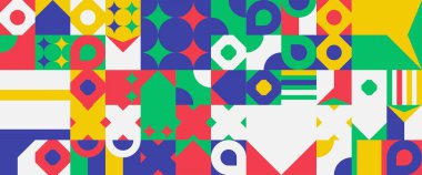 Renkli vektör düz tasarım geometrik mozaik bayraklar. Pankart, arkaplan, kapak, poster, duvar kağıdı, sunum arkaplanı, sertifika