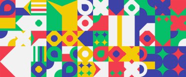 Soyut şekilli renkli vektör modern afişleri geometrik mozaiği şekillendirir. Arkaplan, poster, el ilanı, afiş, davetiye, kitap kapağı, katalog, rapor