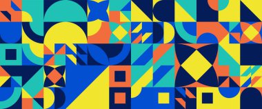 Renkli modern vektör soyut geometrik arkaplan daireler, dikdörtgenler ve kareler basit şekiller grafik desen. Web tasarımı, iş sunumu, web sayfası başlığı, davet arkaplanı