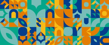 Renkli vektör düz tasarım geometrik mozaik bayraklar. Pankart, arkaplan, kapak, poster, duvar kağıdı, sunum arkaplanı, sertifika