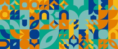 Soyut şekilli renkli vektör modern afişleri geometrik mozaiği şekillendirir. Arkaplan, poster, el ilanı, afiş, davetiye, kitap kapağı, katalog, rapor