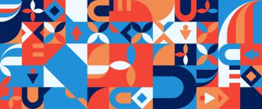 Renkli vektör düz tasarım geometrik mozaik bayraklar. Pankart, arkaplan, kapak, poster, duvar kağıdı, sunum arkaplanı, sertifika