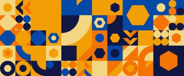 Turuncu siyah ve mavi vektör soyut mozaik geometrik tasarımlı pankartlar. Pankart, arkaplan, iş veya teknoloji sunumu, web broşürü kapağı düzeni, duvar kağıdı için