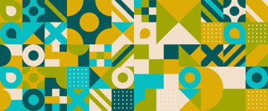 Yeşil bej ve sarı vektör basit ve minimalist düz mozaik pankartlar. Soyutlama, minimalizm, düz. Arkaplan, poster, el ilanı, afiş, davetiye, kitap kapağı, katalog, rapor