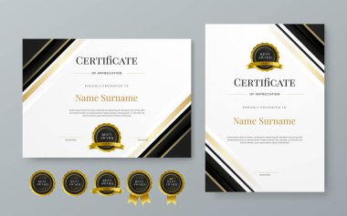 Siyah beyaz ve altın vektör profesyonel ve modern ödül sertifikası tasarım şablonu. Ödül, iş, diploma, atölye, ödül, mezuniyet, tamamlama, rekabet ve eğitim için