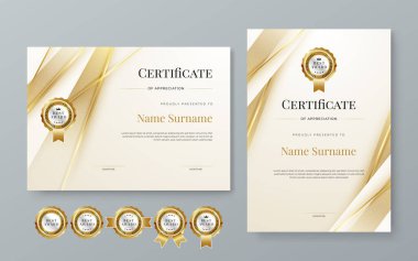 Altın ve beyaz sertifika modern zarif ve şekilli bir şablon. Takdir, başarı, ödül, diploma, şirket ve eğitim için