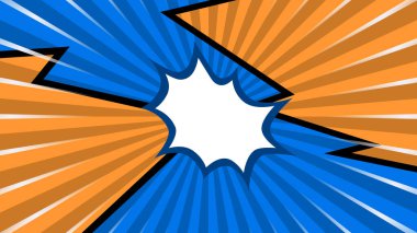 Düz tasarımda turuncu beyaz ve mavi vektör soyut arkaplan mizah tarzı. Süper kahraman tasarımı için vektör illüstrasyonu, ağ, afişler, posterler, kartlar, duvar kağıtları