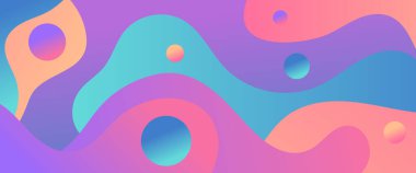 Soyut dalgaları ve sıvı şekilleri olan renkli vektör eğimli basit pankart. Sunumlar, el ilanları, posterler, arkaplan, yıllık rapor, davetiyeler için vektör tasarımı