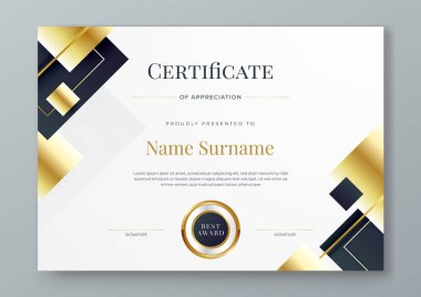 Lüks ve modern sertifika tasarım şablonlu siyah beyaz ve altın sertifika tasarımı. Başarı sertifikası, diploma, eğitim, okul