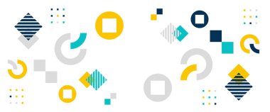 Memphis geometrik şekilli renkli soyut pankartlar. Pankart, arkaplan, kapak, poster, duvar kağıdı, sunum arkaplanı, sertifika