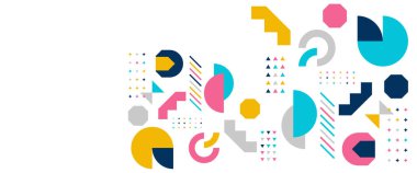 Renkli modern soyut Memphis geometrik vektör pankartı. Arkaplan, poster, el ilanı, afiş, davetiye, kitap kapağı, katalog, rapor