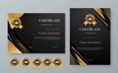 Siyah beyaz ve altın taşıyıcı düz ve kurumsal veya ödüller için gradyan modern sertifika şablonu. Takdir, başarı, ödül, diploma, şirket ve eğitim için