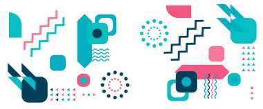 Soyut tasarım memphis geometrik tarzda renkli vektör pankartları. Pankart, arkaplan, iş veya teknoloji sunumu, web broşürü kapağı düzeni, duvar kağıdı için