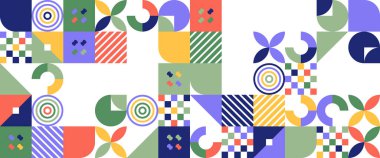 Renkli vektör basit ve minimalist düz mozaik pankartlar. Soyutlama, minimalizm, düz. Arkaplan, poster, el ilanı, afiş, davetiye, kitap kapağı, katalog, rapor