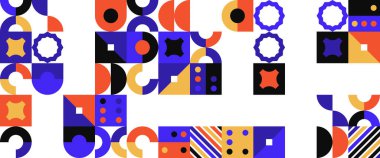 Renkli vektör basit ve minimalist düz mozaik pankartlar. Soyutlama, minimalizm, düz. Arkaplan, poster, el ilanı, afiş, davetiye, kitap kapağı, katalog, rapor