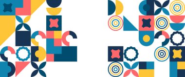 Mozaik geometrik tasarımlı renkli vektör soyut afişleri. Pankart, arkaplan, iş veya teknoloji sunumu, web broşürü kapağı düzeni, duvar kağıdı için