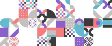 Renkli vektör illüstrasyonu geometrik en küçük mozaik afı. Basit daire şekilleri, modern sancak vektör tasarımı. Web tasarımı, iş sunumu, web sayfası başlığı, davet arkaplanı