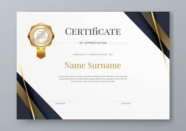 Siyah altın ve beyaz sertifika modern zarif ve lüks şablon şekilli. Takdir, başarı, ödül, diploma, şirket ve eğitim için