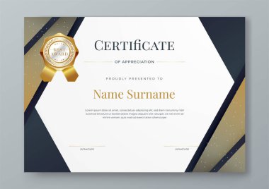 Siyah beyaz ve altın vektör ödül sertifikası kurumlar için modern soyut tasvirler. Takdir, başarı, ödül, eğitim, rekabet, diploma şablonu