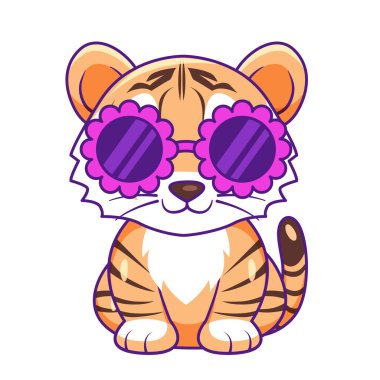 Tatlı Kaplan Çizgi Filmi Kawaii Etiketi. Karakter Vektör İllüstrasyonu