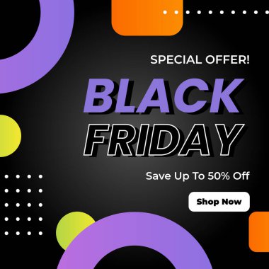 Kara Cuma Özel Teklifi% 50 indirimli. Cesur Typography and Vibrant Colors 'un yer aldığı heyecan verici bir Kara Cuma tanıtım afişi, yüzde 50 