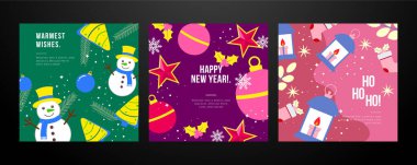 Bayram ve bayram dekorasyonlu Noel tebrik kartları. Bir Noel tebrik kartı koleksiyonu var. Tatil sezonunun neşesini yakalamak için mükemmel.