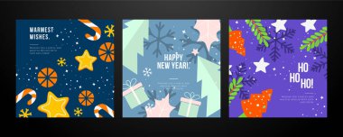 Süslü Noel Kartı Tasarımları. Noel Ağaçları, Süsler ve Hediyeler Gibi Festivalsel Elementleri içeren Resimli Noel Kartları Koleksiyonu