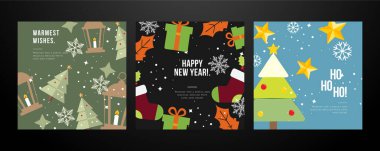 Süslü Noel Kartı Tasarımları. Noel Ağaçları, Süsler ve Hediyeler Gibi Festivalsel Elementleri içeren Resimli Noel Kartları Koleksiyonu