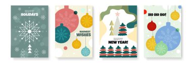 Bayram ve bayram dekorasyonlu Noel tebrik kartları. Bir Noel tebrik kartı koleksiyonu var. Tatil sezonunun neşesini yakalamak için mükemmel.