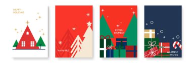 Süslü Noel Kartı Tasarımları. Noel Ağaçları, Süsler ve Hediyeler Gibi Festivalsel Elementleri içeren Resimli Noel Kartları Koleksiyonu