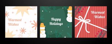 Bayram ve bayram dekorasyonlu Noel tebrik kartları. Bir Noel tebrik kartı koleksiyonu var. Tatil sezonunun neşesini yakalamak için mükemmel.