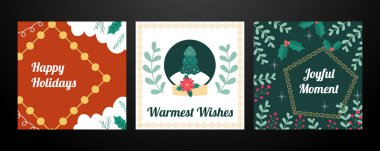 Süslü Noel Kartı Tasarımları. Noel Ağaçları, Süsler ve Hediyeler Gibi Festivalsel Elementleri içeren Resimli Noel Kartları Koleksiyonu