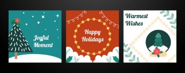 Bayram ve bayram dekorasyonlu Noel tebrik kartları. Bir Noel tebrik kartı koleksiyonu var. Tatil sezonunun neşesini yakalamak için mükemmel.