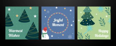 Noel süslü bayram kartları. Noel süsleri. Noel süsleri ve şenlik süsleri içeren dört adet tatil kartı seti. Sezonun neşeli anlarını kutlamak için mükemmel.