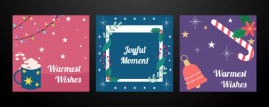 Bayram ve bayram dekorasyonlu Noel tebrik kartları. Bir Noel tebrik kartı koleksiyonu var. Tatil sezonunun neşesini yakalamak için mükemmel.