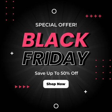 Kara Cuma Özel Teklifi% 50 indirimli. Cesur Typography and Vibrant Colors 'un yer aldığı heyecan verici bir Kara Cuma tanıtım afişi, yüzde 50 