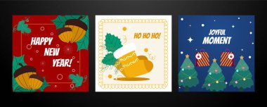 Süslü Noel Kartı Tasarımları. Noel Ağaçları, Süsler ve Hediyeler Gibi Festivalsel Elementleri içeren Resimli Noel Kartları Koleksiyonu