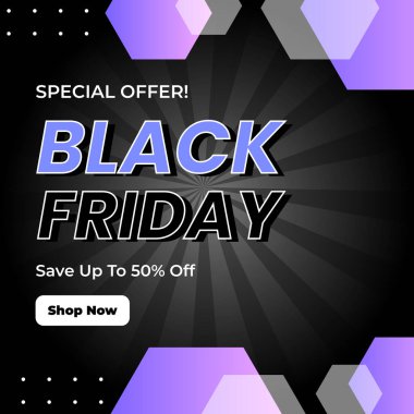 Kara Cuma Özel Teklifi% 50 indirimli. Cesur Typography and Vibrant Colors 'un yer aldığı heyecan verici bir Kara Cuma tanıtım afişi, yüzde 50 